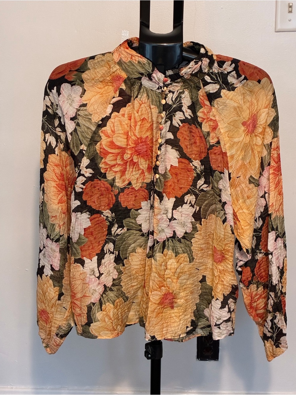 MINKPINK Floral Button-Front Blouse in Black, Yellow, Orange “Clementine “